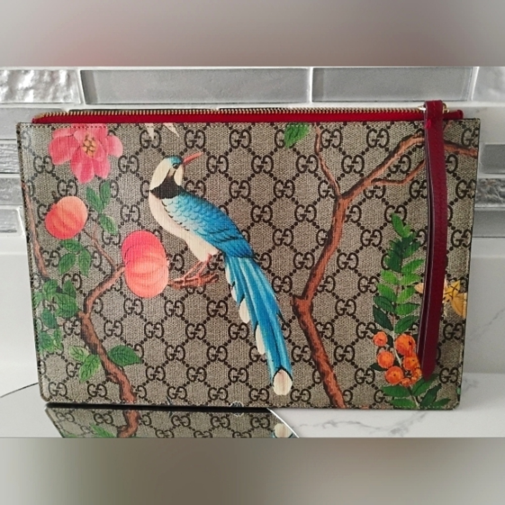 Gucci GG Supreme Monogram Tian Large Zip Pouch Beige Multicolor Red